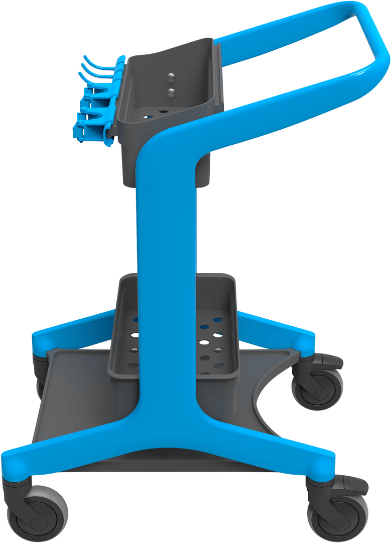 Ein blauer und grauer Gerätewagen mit vier Rädern, einem Griff und Ablagefächern, dargestellt von der Seite auf weißem Hintergrund.