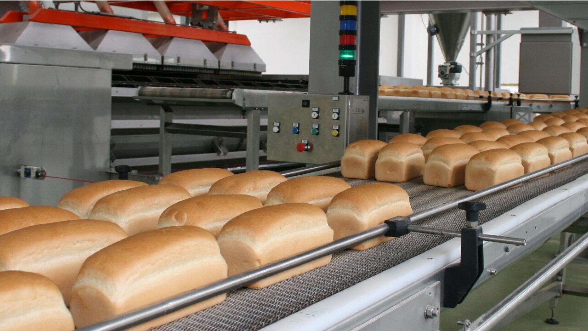 In einer modernen Großbäckerei laufen Reihen von frisch gebackenen Broten über ein Förderband, umgeben von Maschinen und Schalttafeln aus Edelstahl.