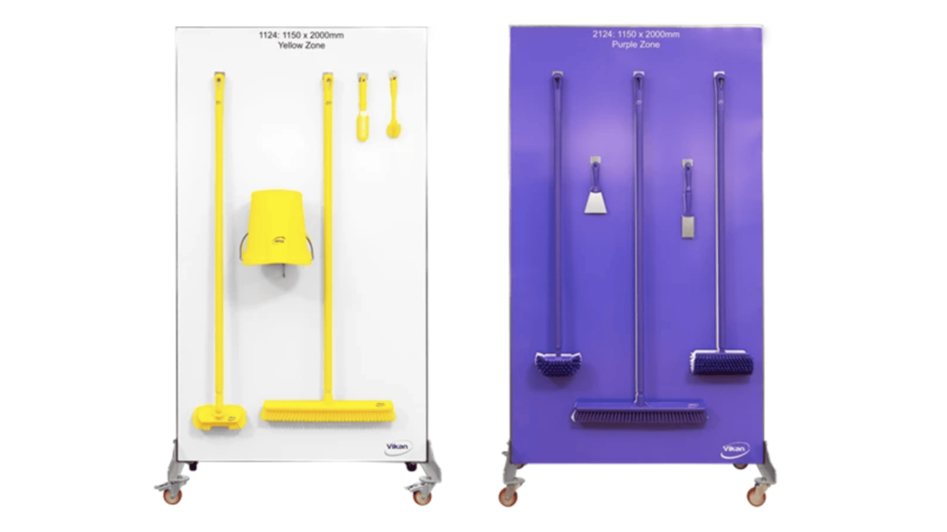 Two cleaning stations on wheels: one white with yellow tools (bucket, mop, brush, dustpan), and one purple with purple tools (squeegee, broom, mop, scraper), both organized vertically.