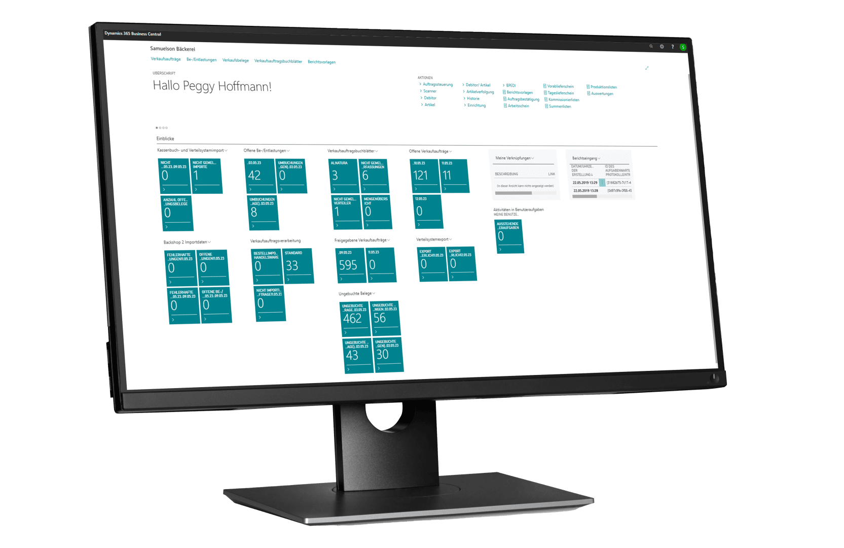 Ein Computermonitor zeigt ein Armaturenbrett mit blaugrünen und weißen Oberflächenelementen, die verschiedene Datenkacheln, Diagramme und Statistiken anzeigen. Der Bildschirm begrüßt den Benutzer mit Hallo Peggy Hoffmann! auf Deutsch.