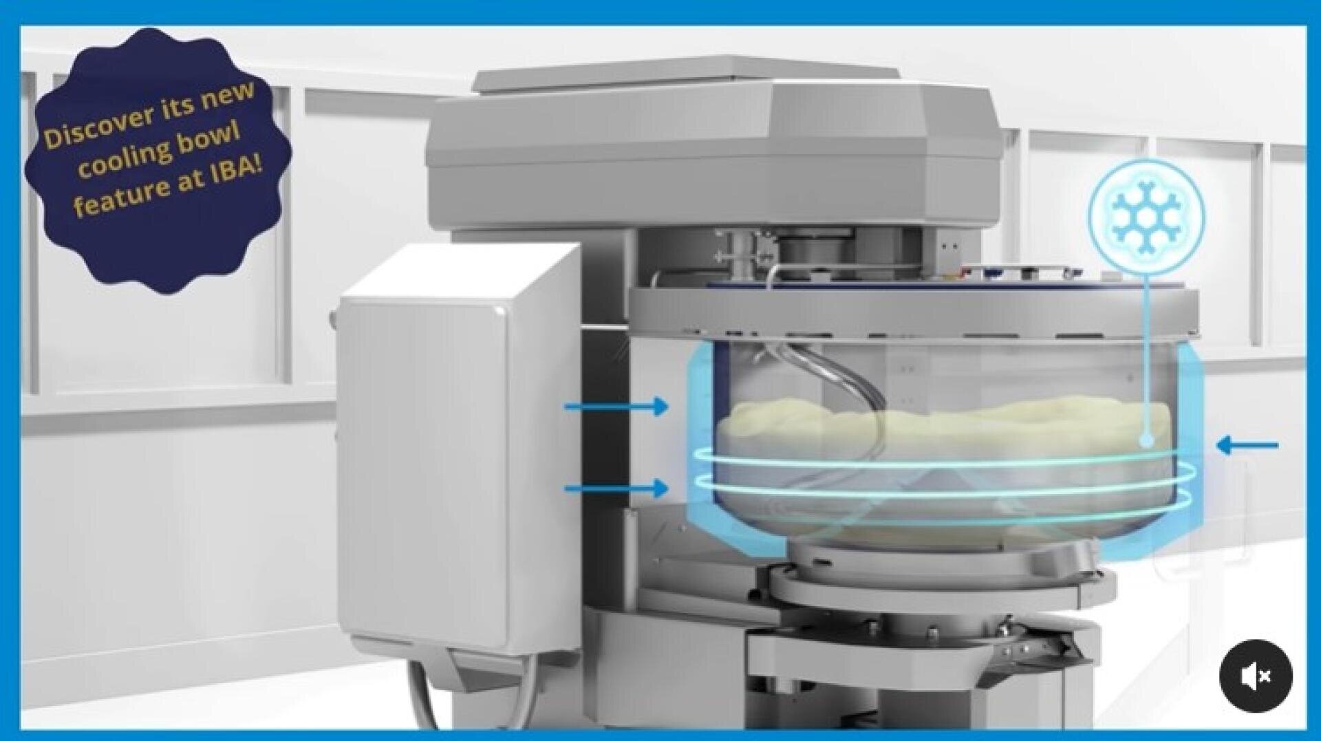 A large industrial mixer with a transparent cooling bowl showing dough inside, blue arrows indicating airflow, and a snowflake icon. A badge reads: “Discover its new cooling bowl feature at IBA!”.