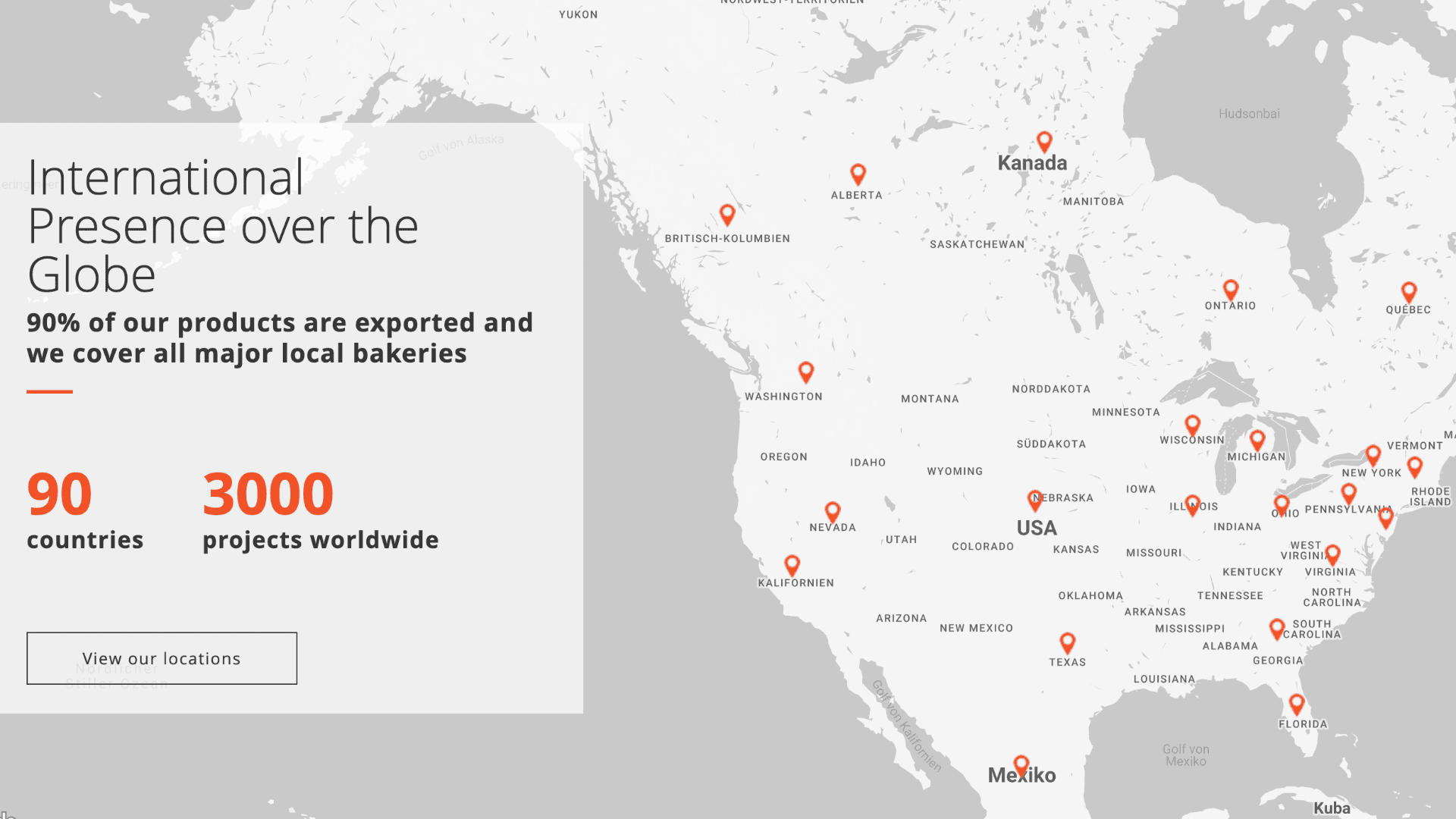 Map of North America with pins marking various cities. A box reads: International Presence over the Globe. 90% of our products are exported and we cover all major local bakeries. 90 countries, 3000 projects worldwide.
