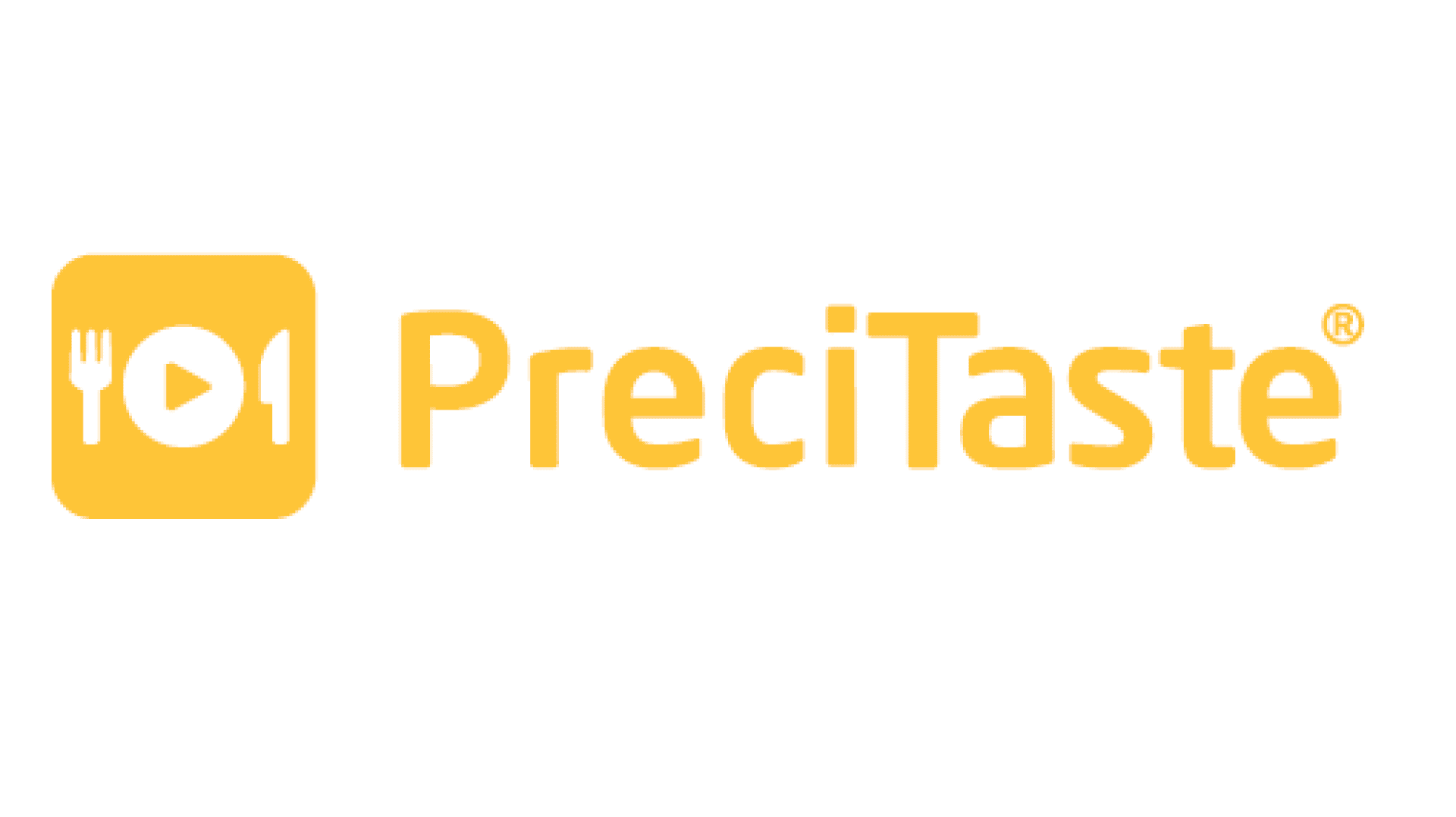Gelbes PreciTaste-Logo mit einem quadratischen Symbol, das eine Gabel, ein Messer und eine Play-Taste zeigt, gefolgt von dem Text "PreciTaste" in fetten gelben Buchstaben.