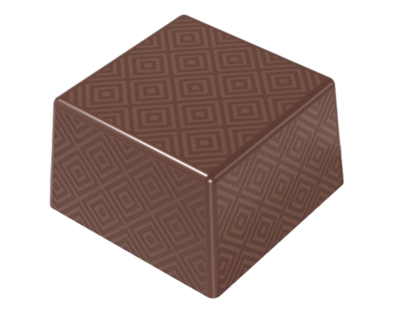 Ein quadratisches Stück Schokolade mit glänzender Oberfläche und einem geprägten geometrischen Rautenmuster auf allen Seiten.