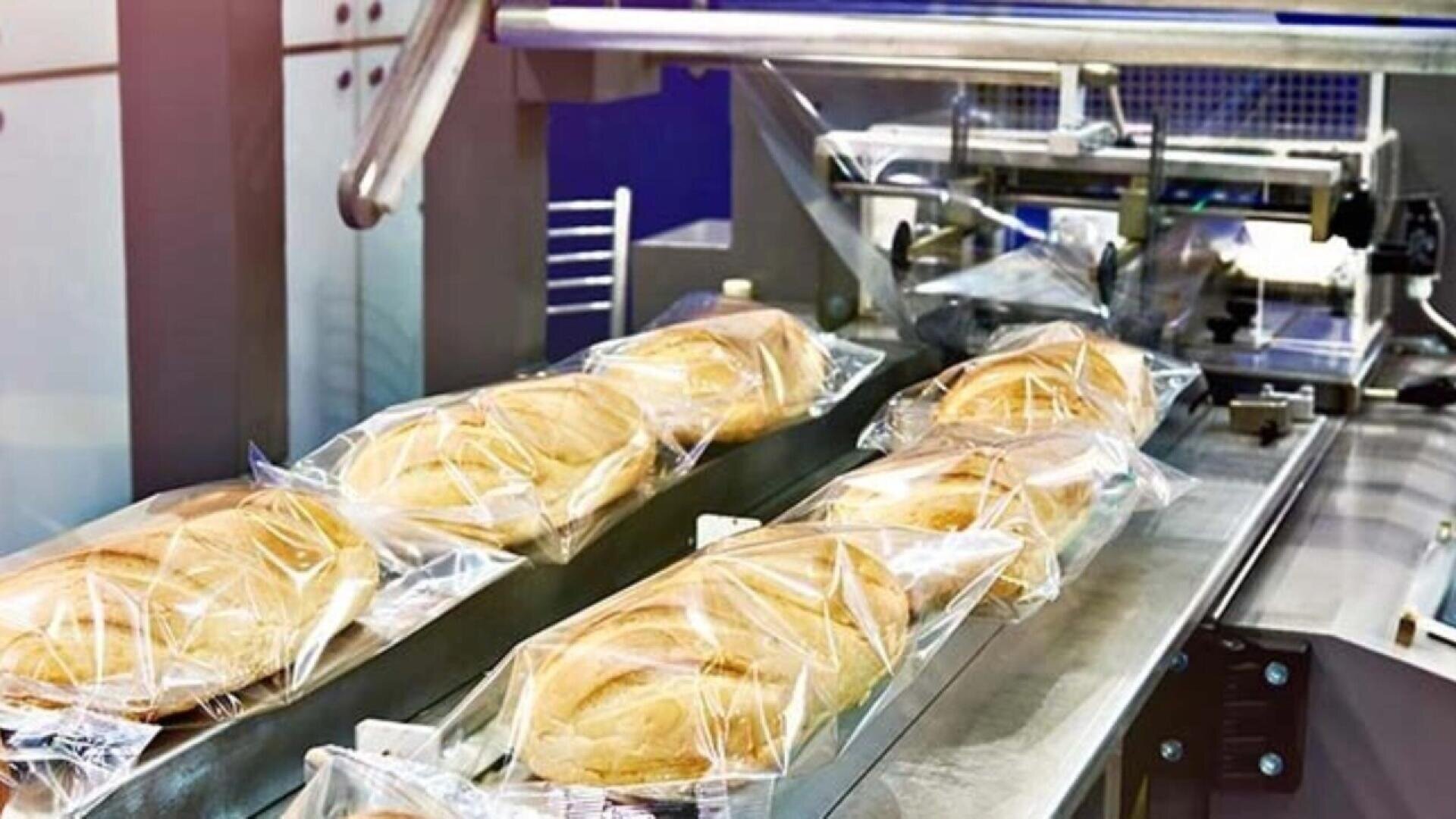 Loaves of bread wrapped in clear plastic move along a conveyor belt in a factory setting, suggesting an automated packaging process in a commercial bakery.