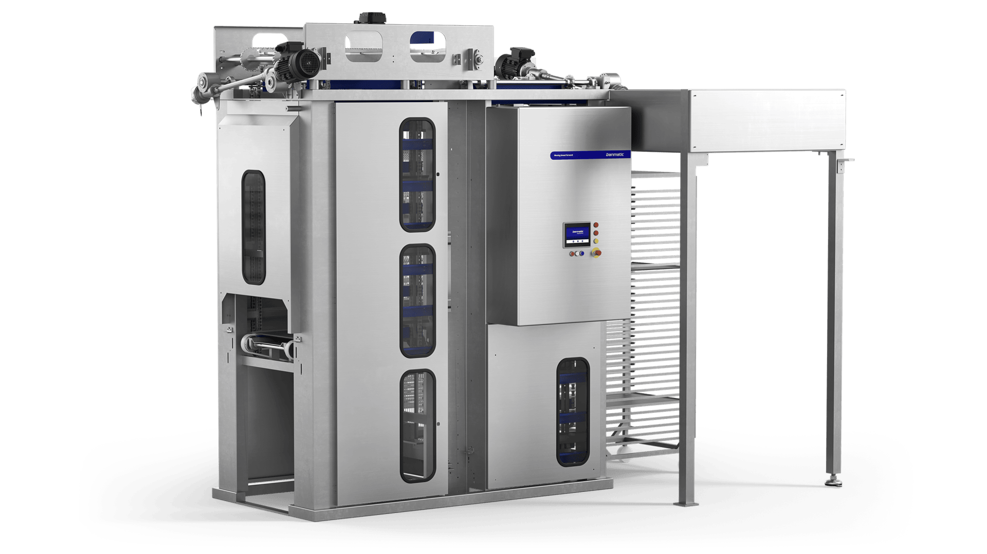 A large, industrial stainless steel bakery machine with control panel, viewing windows, and a vertical design, used for food production, stands on a white background.