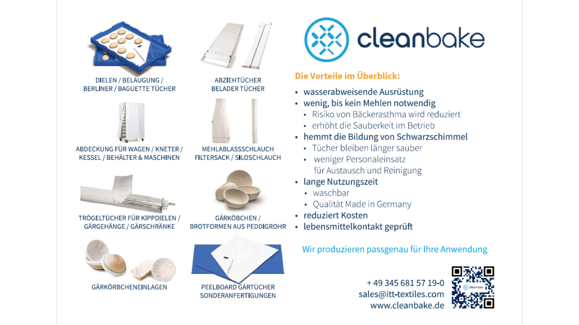 Product flyer for Cleanbake bakery textiles, showing blue and white baking cloths, trays, baskets, and liners for baking. Text highlights product features, contact info, and the Cleanbake logo with website and phone number.