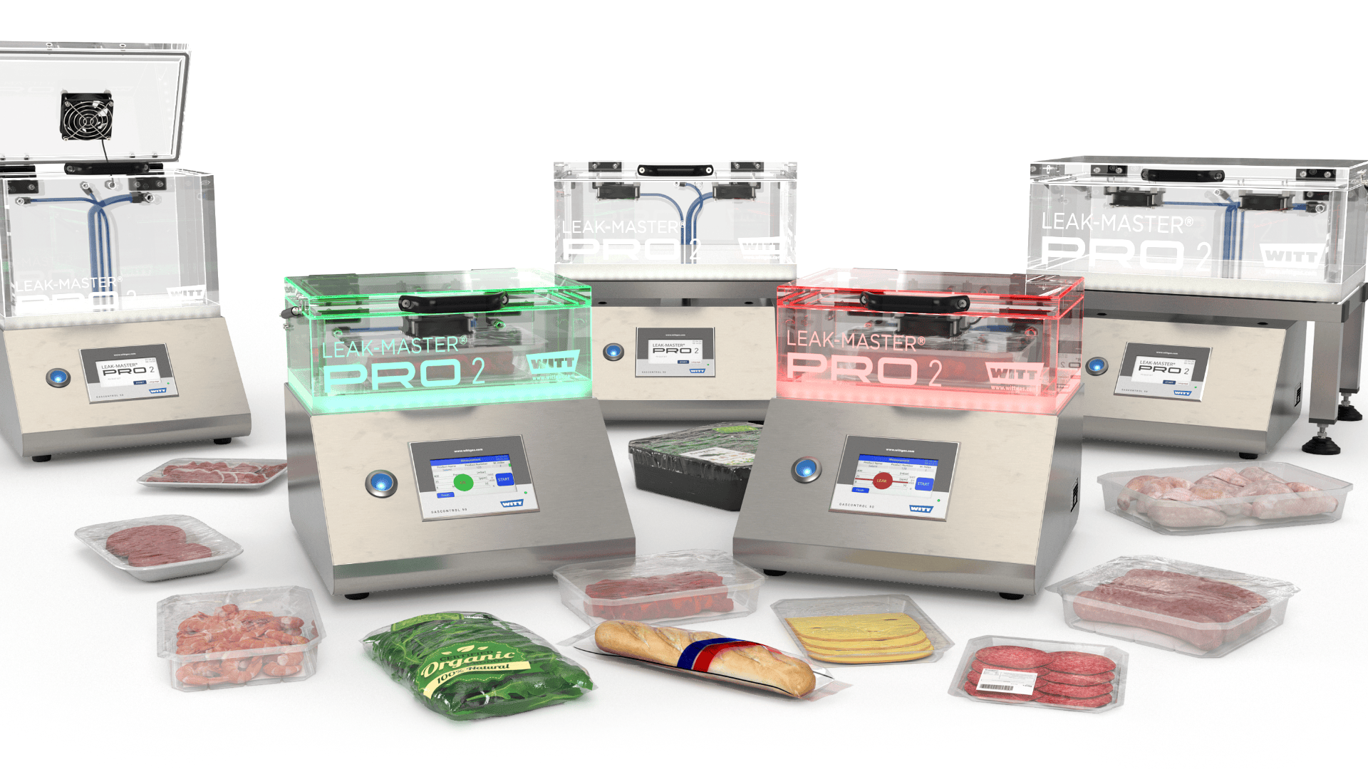 Fünf Vakuum-Lecksuchgeräte mit der Bezeichnung Leak-Master PRO2 sind mit verpackten Lebensmitteln wie Fleisch, Salat, Brot und Käse ausgestellt und zeigen eine Qualitätskontrolle für Lebensmittelverpackungen.