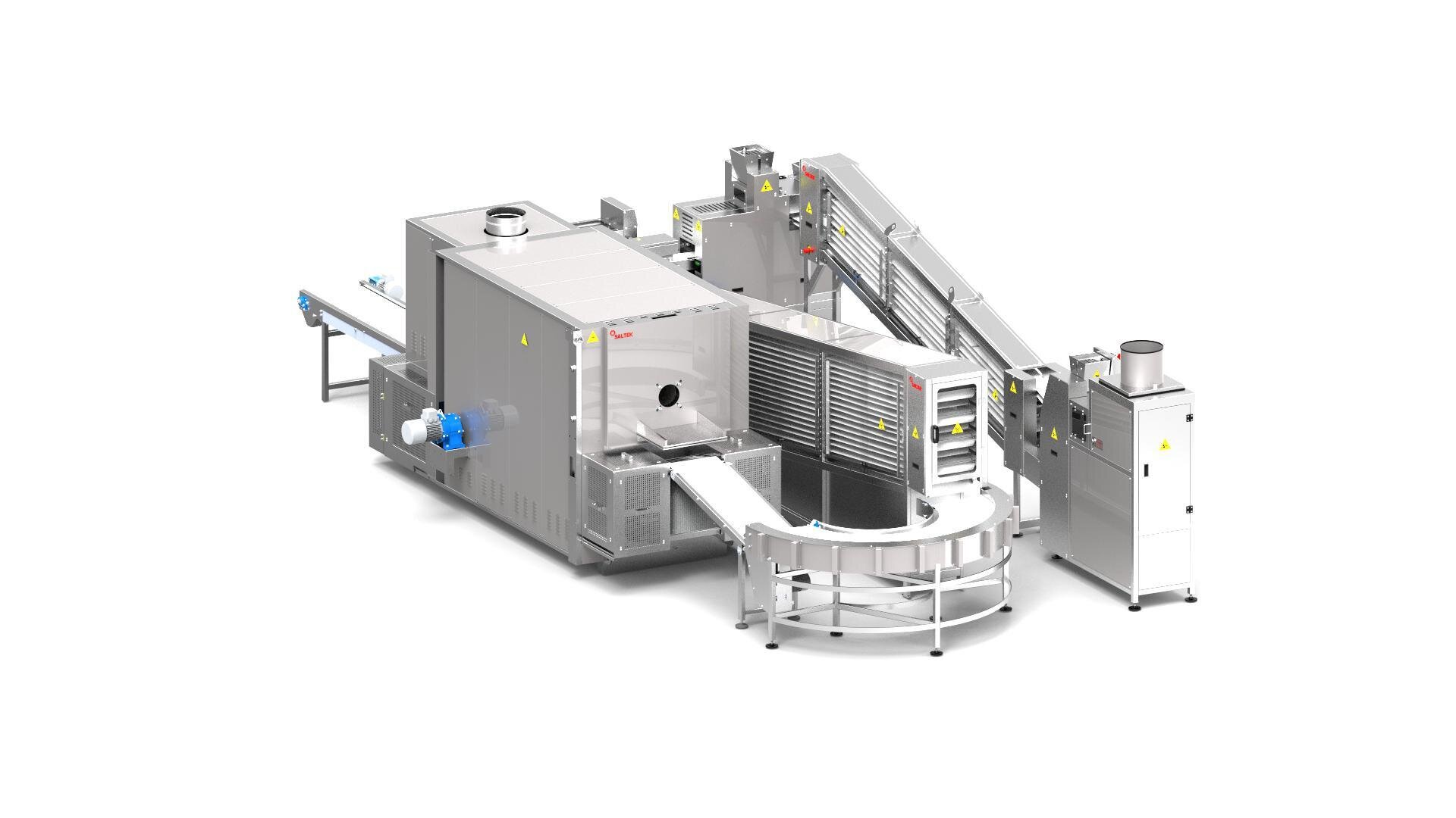 A stainless steel industrial food processing machine with a conveyor belt, several interconnected units, and safety markings, set against a plain white background.