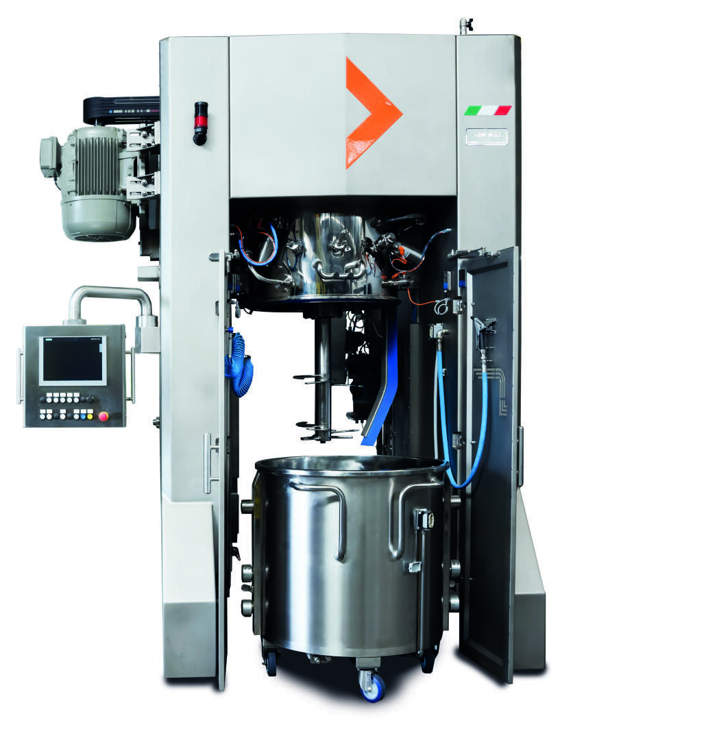 A large industrial mixing machine with a metal control panel on the left and a stainless steel mixing container positioned at the bottom center. The machine has various buttons, levers, and cables visible.