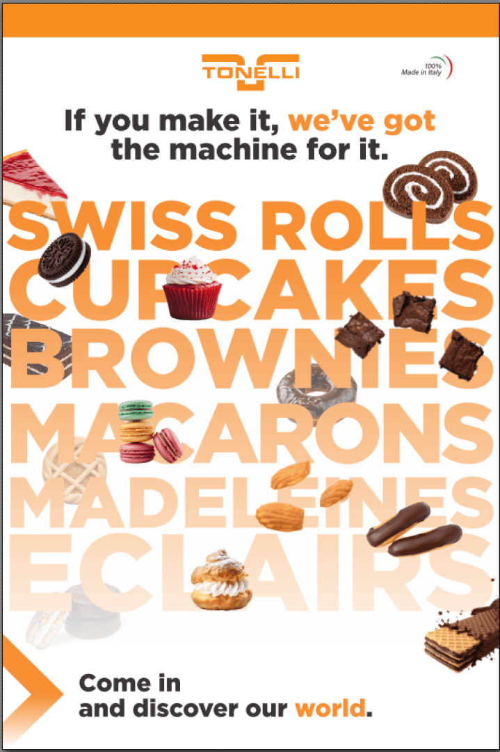 Anzeige mit Desserts (Biskuitrollen, Cupcakes, Brownies, Macarons, Madeleines, Eclairs) und dem Text: Wenn Sie es machen, haben wir die Maschine dafür. Kommen Sie herein und entdecken Sie unsere Welt. Tonelli.
