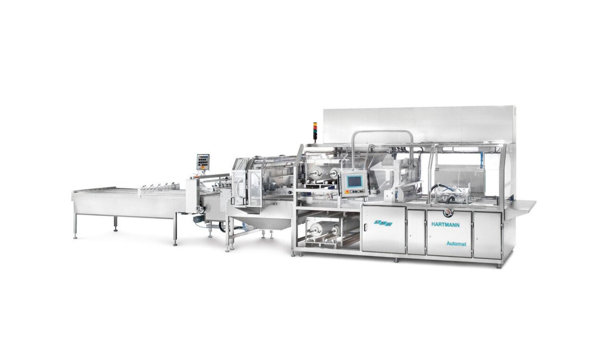 A stainless steel industrial egg packaging machine with conveyor belts, a control panel with a display screen, and transparent safety covers, designed for automated sorting and packing of eggs.