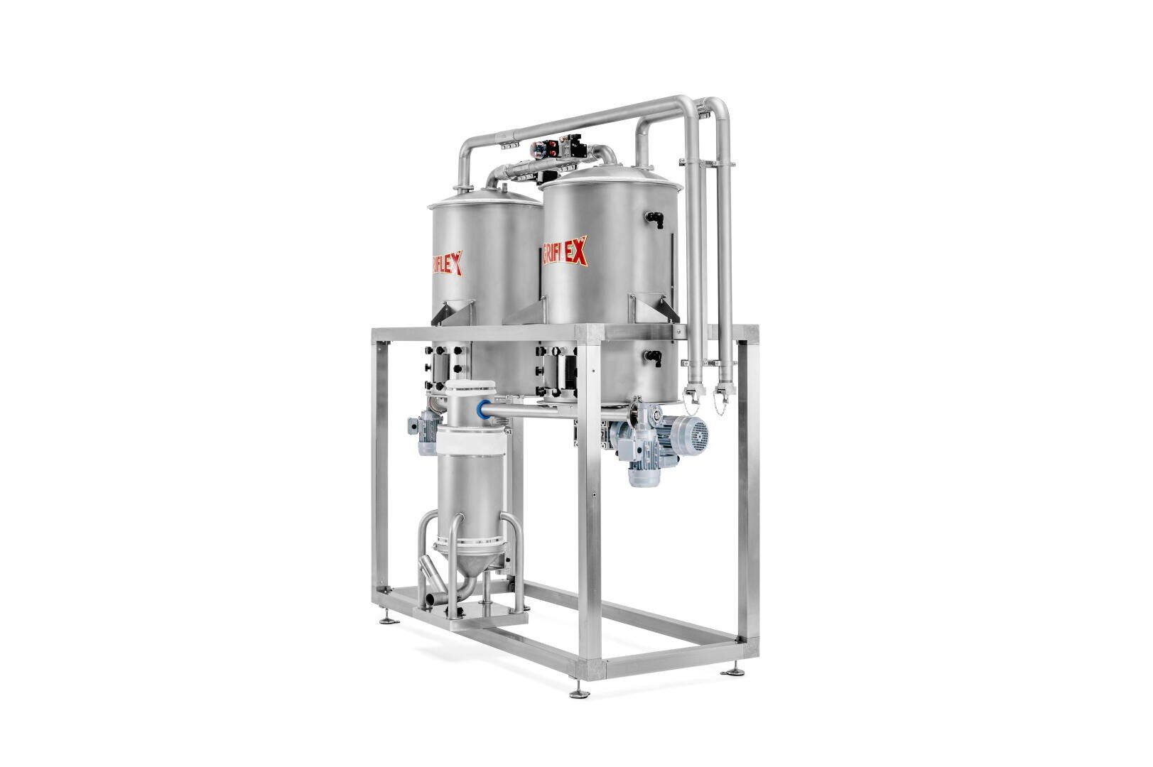 Industrial stainless steel filtration system with two large vertical tanks labeled APEX, pipes, valves, a pump, and a motor, mounted on a metal frame against a white background.