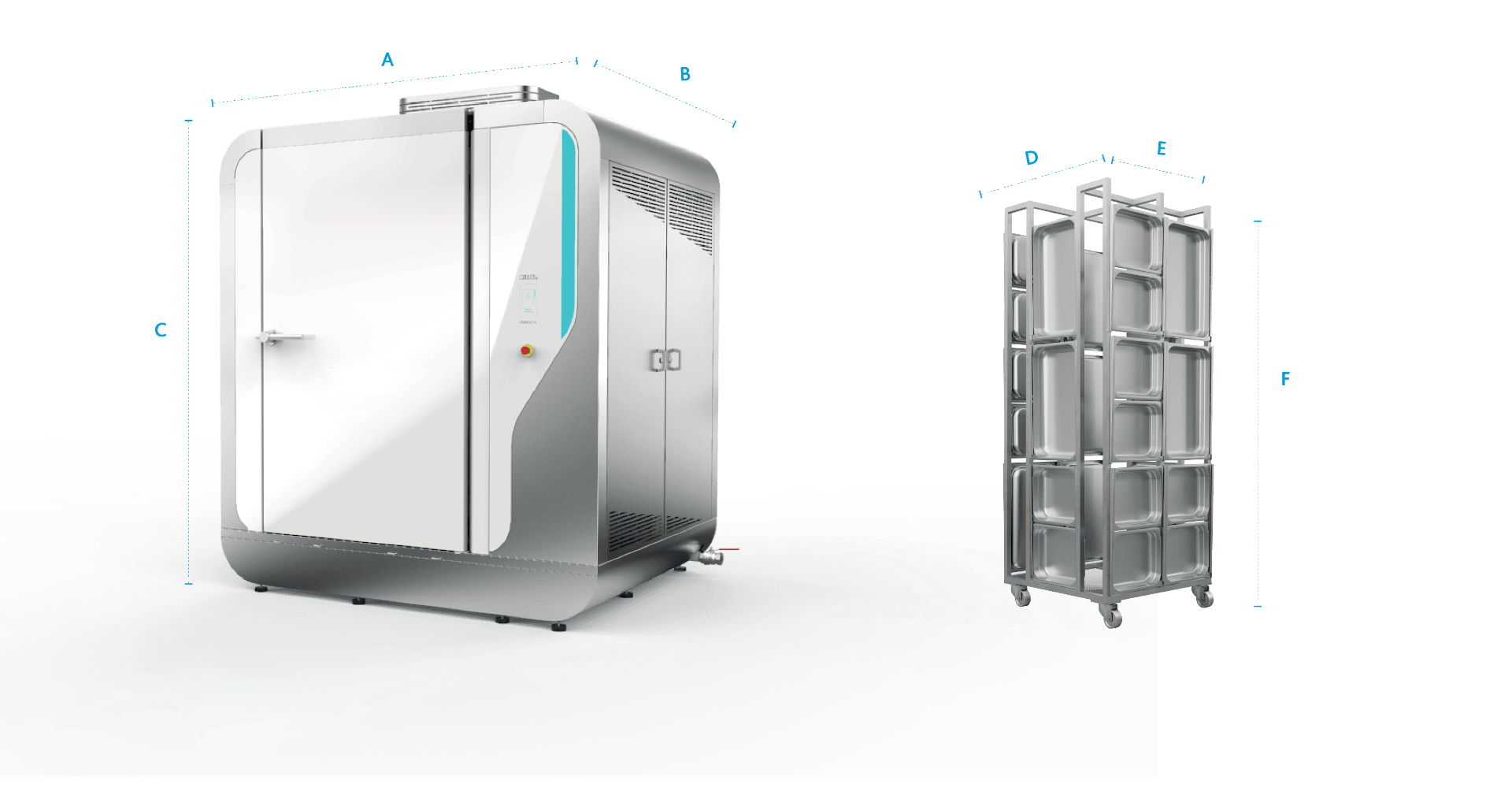 Eine große, metallene Industriemaschine mit einer Tür und einem Bedienfeld steht neben einem hohen Metallgestell auf Rädern; beide sind mit den Maßangaben A-F beschriftet.