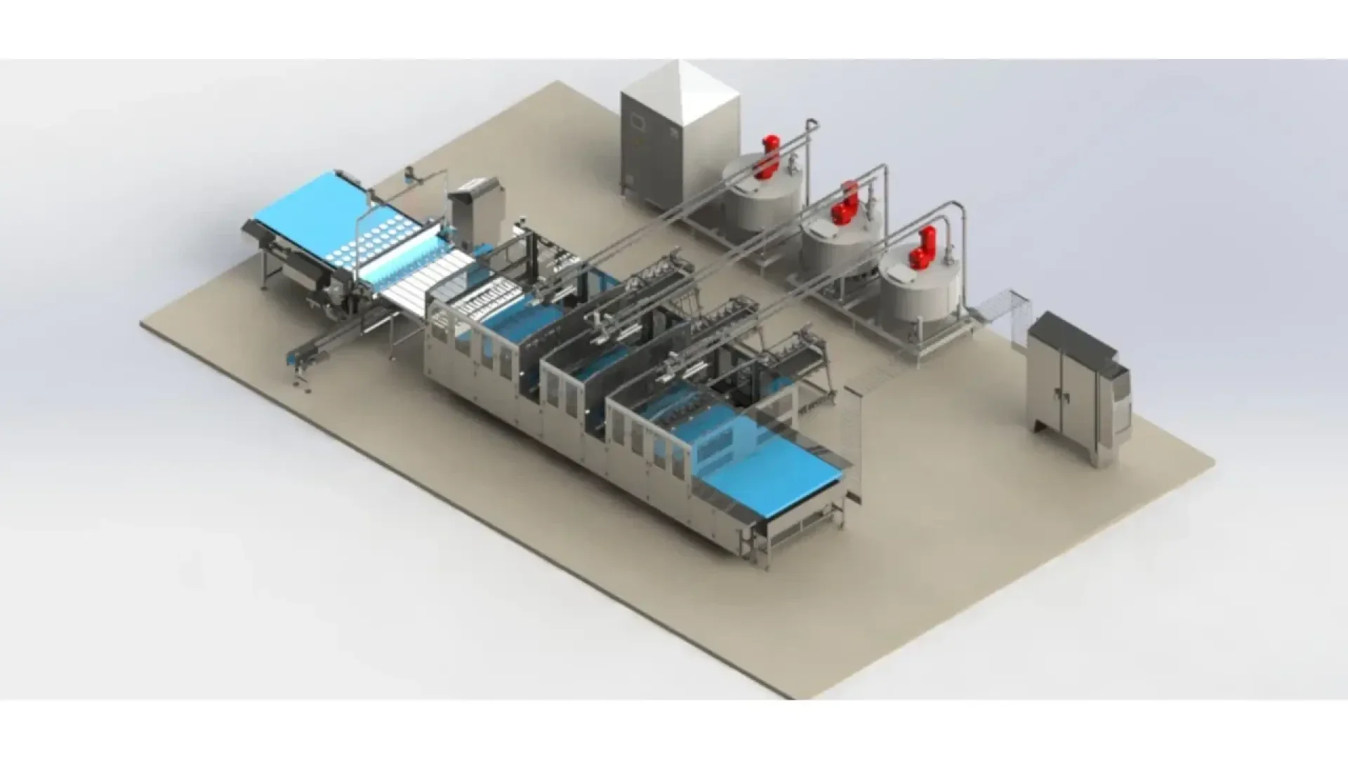 3D-Rendering einer automatisierten Lebensmittelverarbeitungslinie mit Förderbändern, mehreren Maschinen, Mischtanks mit roten Motoren und Schalttafeln auf einer beigen Plattform.
