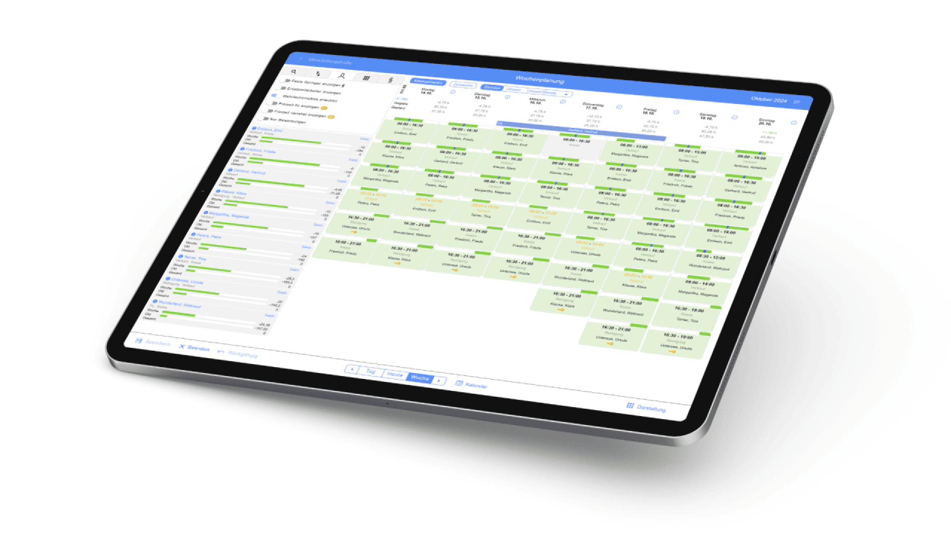 A tablet displays a scheduling or booking application with a calendar view, showing multiple green-highlighted entries and a sidebar of tasks or events on the left side of the screen.