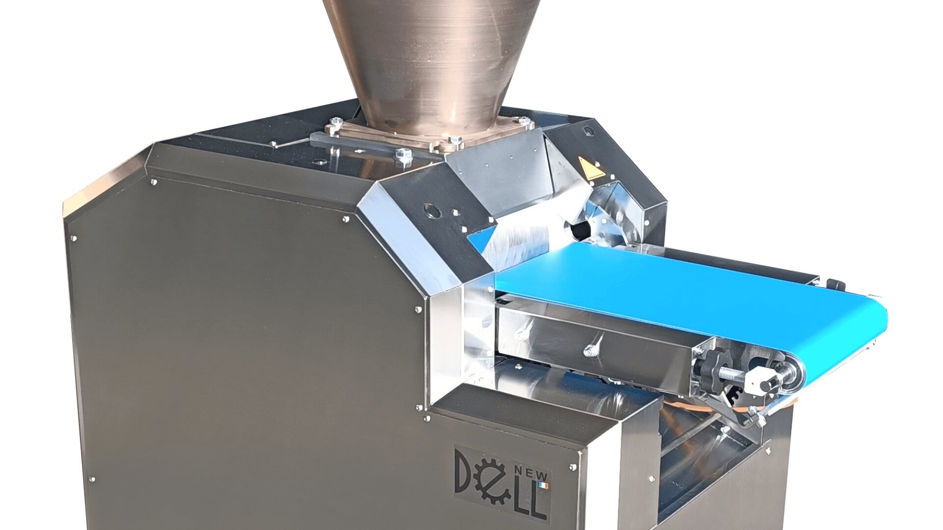 A stainless steel industrial food processing machine with a blue conveyor belt and a large funnel on top, used for dispensing or shaping food products.