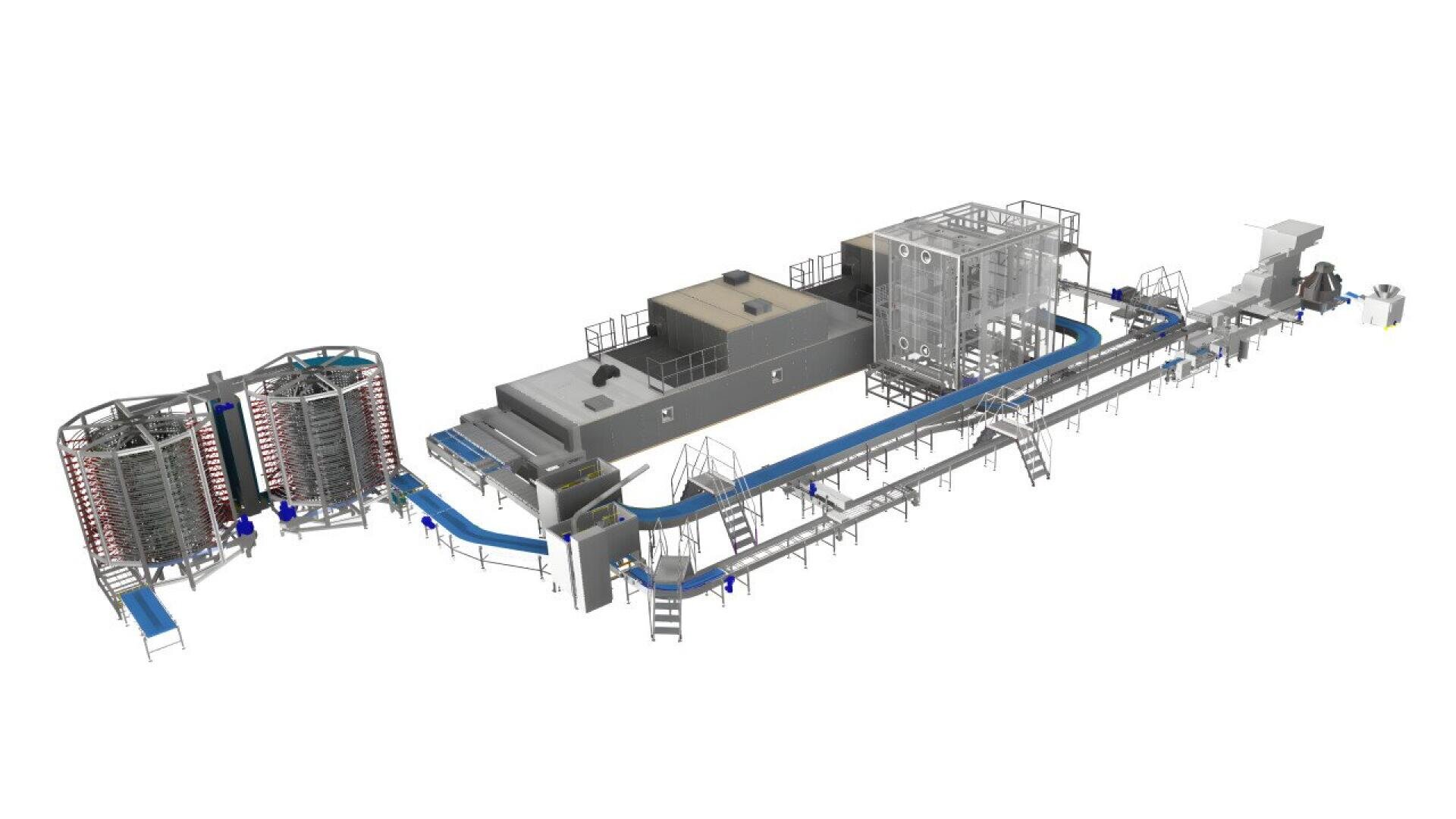 Eine große industrielle Lebensmittelverarbeitungs- und -verpackungsanlage mit Förderbändern, Spiralkühlern, Maschinen und Laufstegen für die automatisierte Produktion in einer Fabrikumgebung.