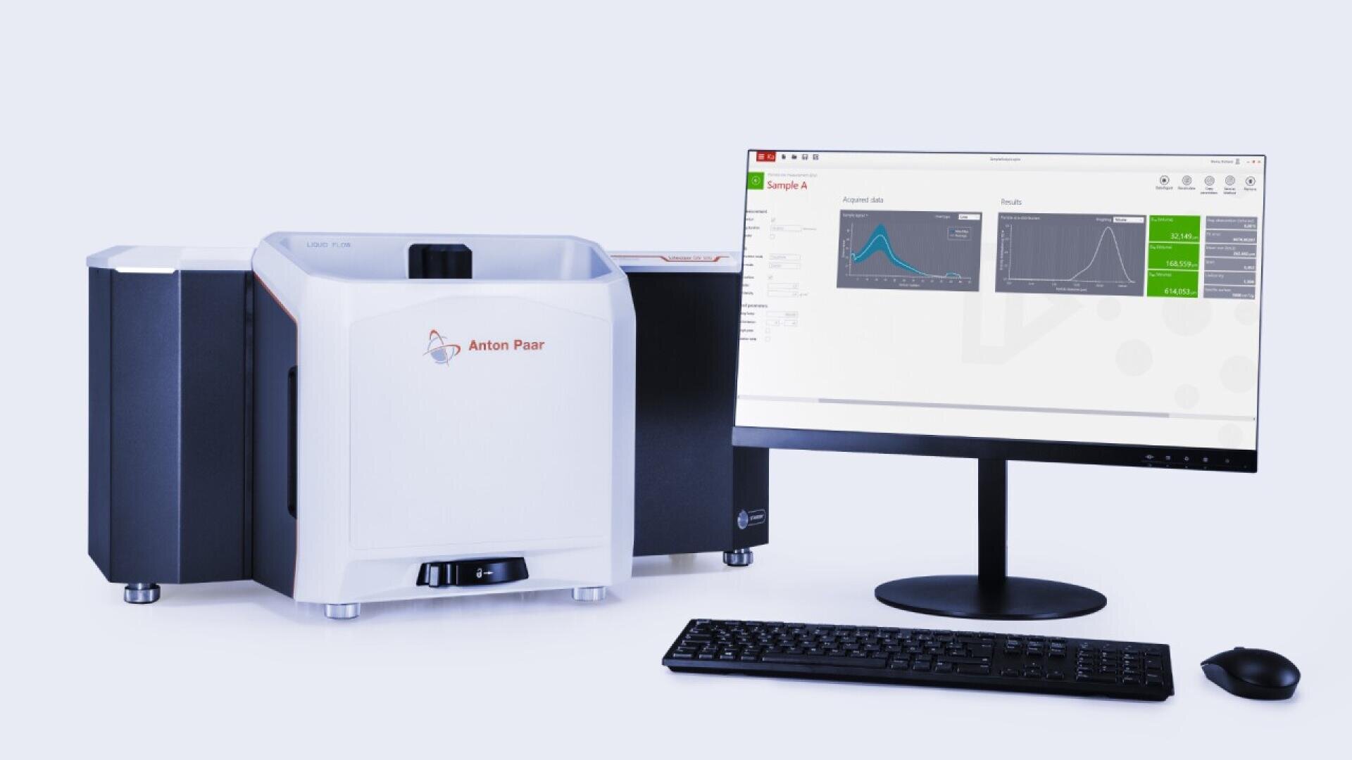 Ein Laborpartikelanalysegerät von Anton Paar steht neben einem Computermonitor, der Messkurven und -daten anzeigt, mit Tastatur und Maus auf dem Schreibtisch.