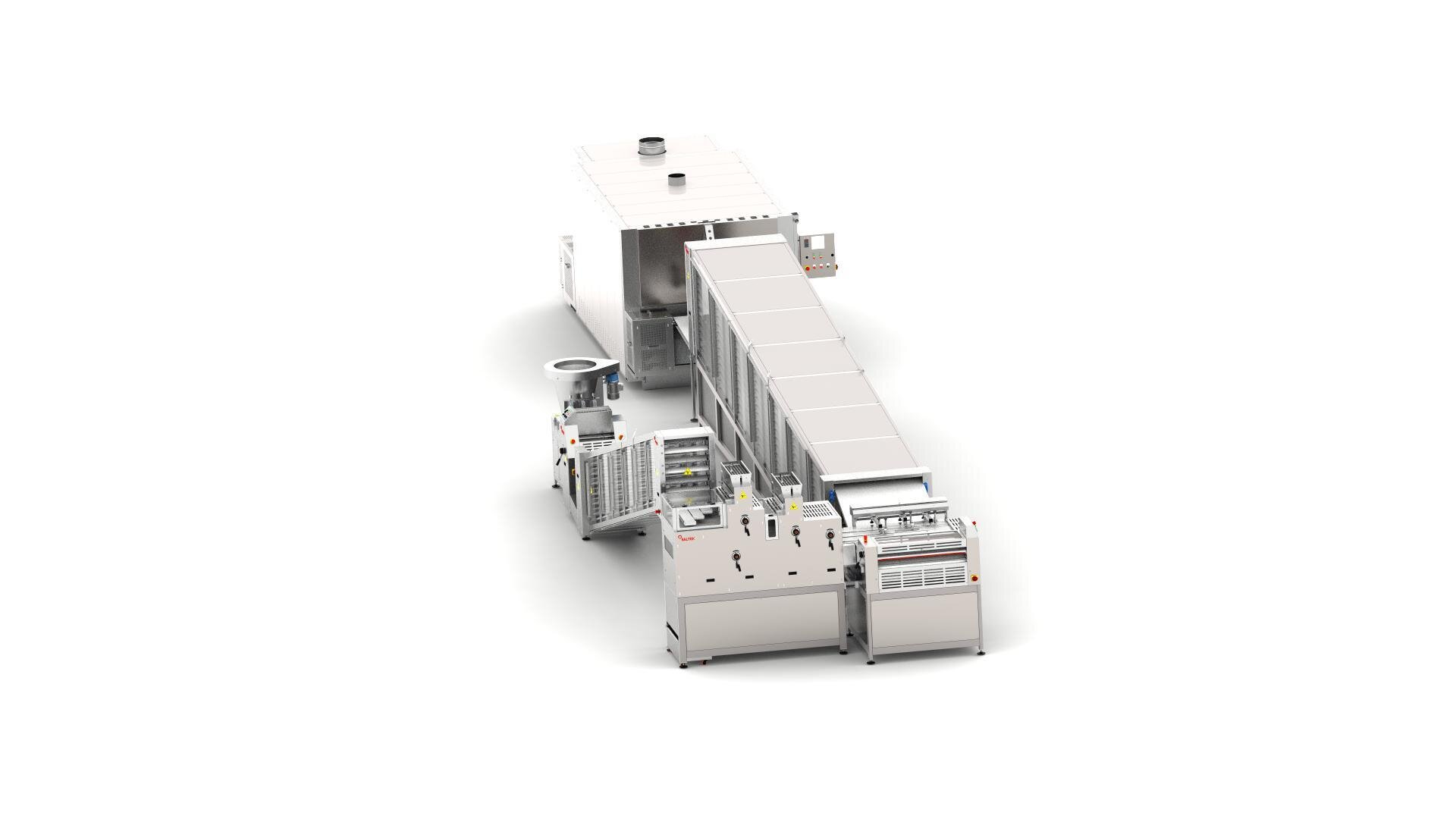 A large industrial food processing machine with conveyor belts and various components, likely used for automated packaging or assembly, set against a plain white background.