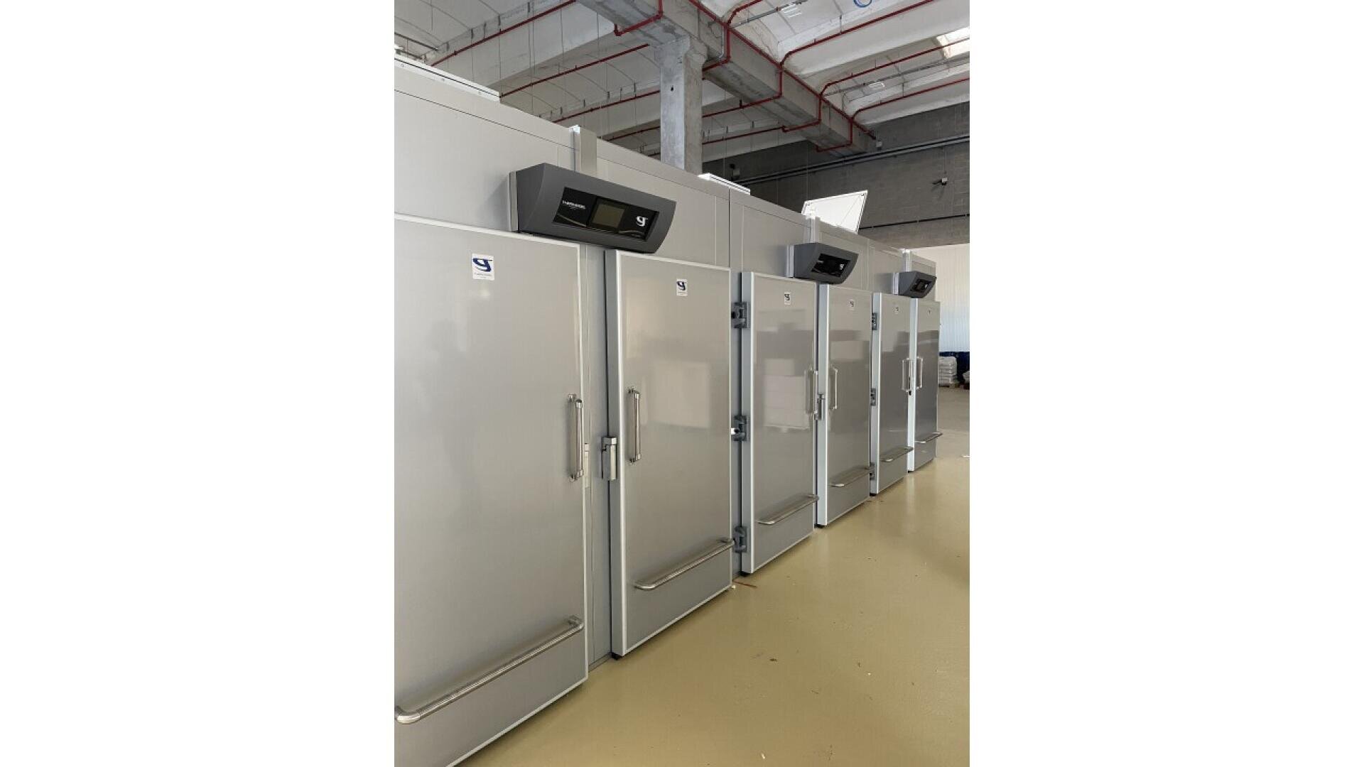 Eine Reihe großer industrieller Kühl- oder Gefrierschränke aus Edelstahl mit digitalen Anzeigen an der Oberseite, die an einer Wand in einer sauberen, geräumigen Halle mit hohen Decken und freiliegenden Rohren stehen.