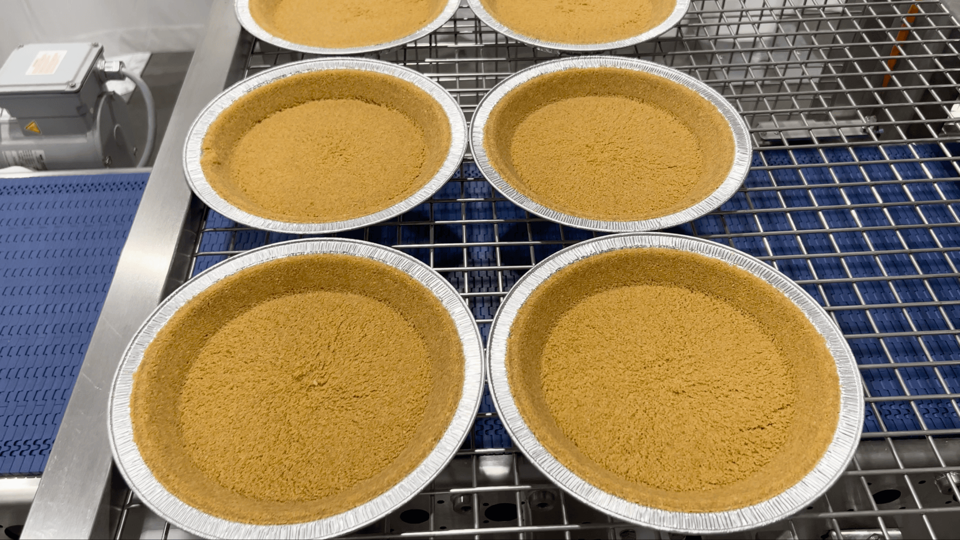 Several empty pie tins filled with pressed graham cracker crust sit on a metal conveyor belt in an industrial setting, ready for the next step in production.