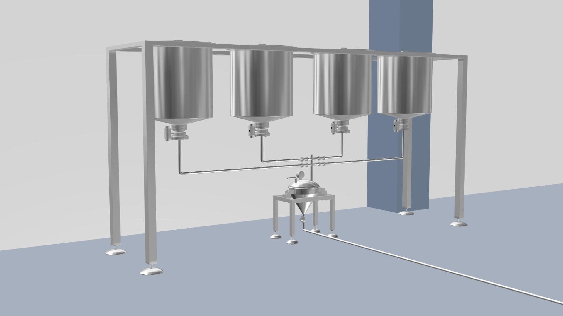 Four large stainless steel tanks are mounted on a metal frame, connected by pipes to a smaller machine below, in a clean, industrial setting with a blue and gray floor.