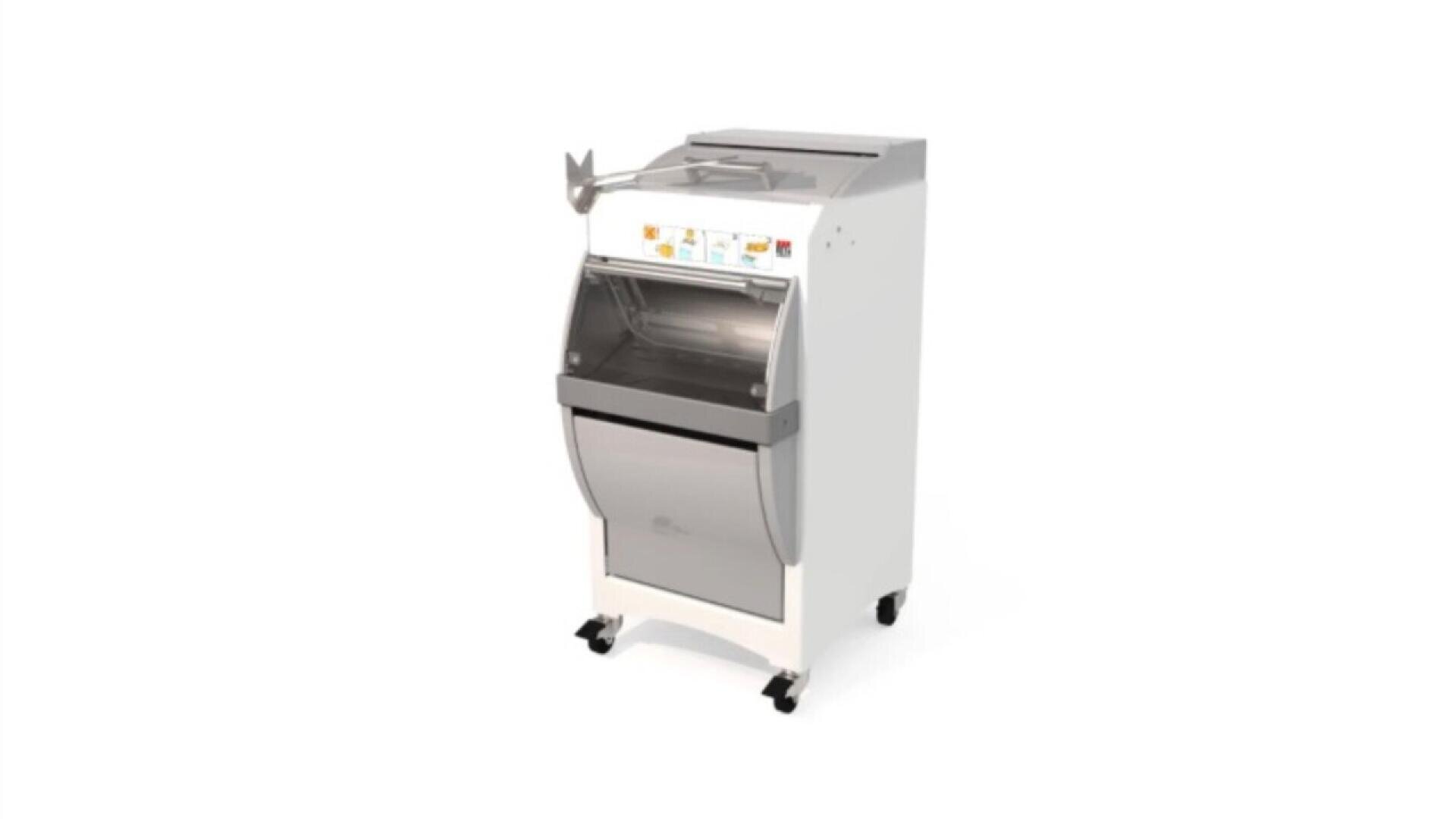 A white and stainless steel commercial bread slicer machine with a transparent front guard, control buttons, and wheels for mobility, shown on a plain white background.