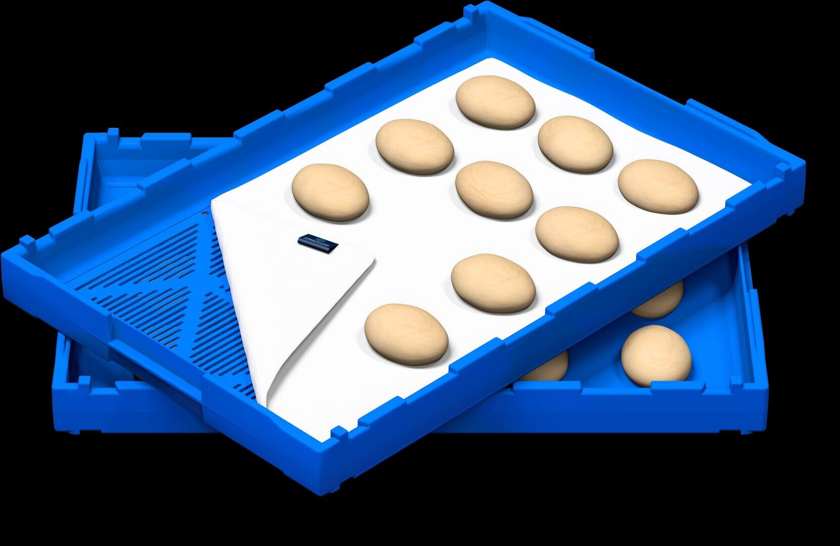 Zwei übereinander gestapelte blaue Kunststoffschalen mit mehreren runden Teigkugeln, die auf einem weißen Blatt im Inneren der oberen Schale ruhen. Die Schalen haben strukturierte Böden und herausnehmbare weiße Einlagen.