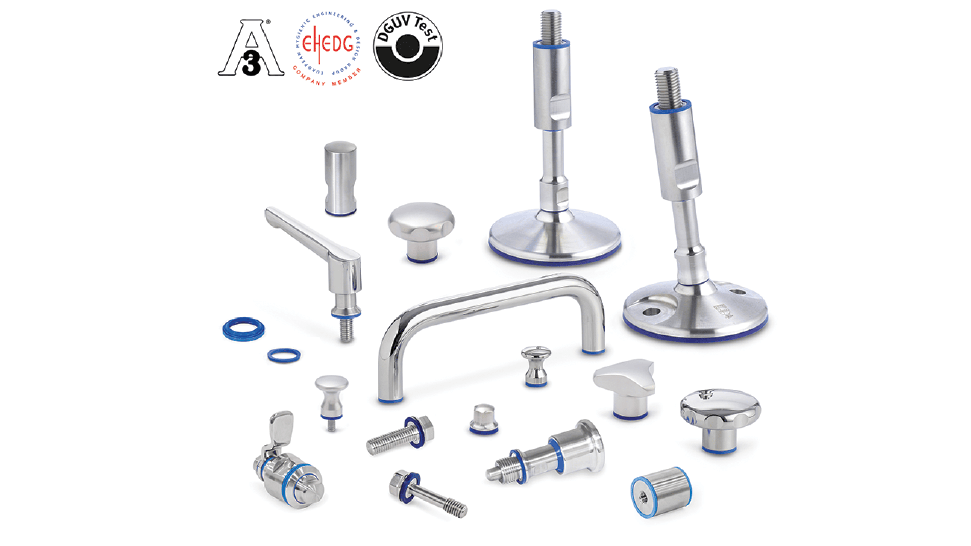 A collection of stainless steel machine parts and accessories with blue accents arranged on a white background. Various bolts, handles, knobs, and fasteners are shown, with certification logos in the top left corner.