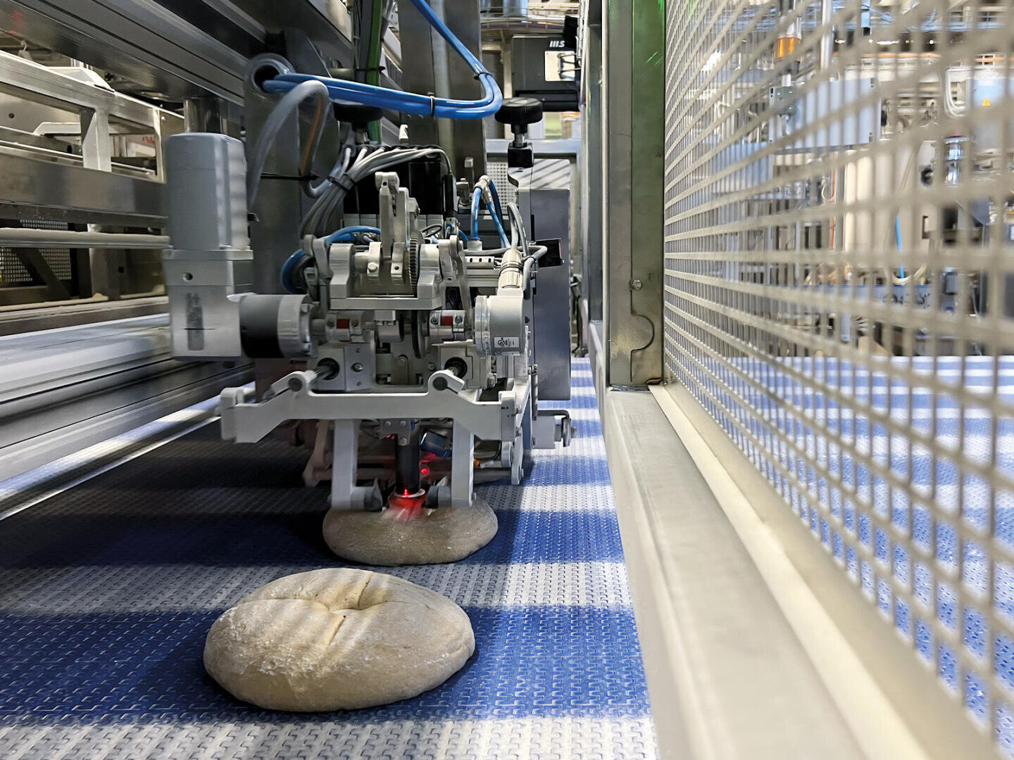 Nahaufnahme einer industriellen Brotbackmaschine, die Teigstücke auf einem blauen Förderband in einer modernen Lebensmittelverarbeitungsanlage verarbeitet.