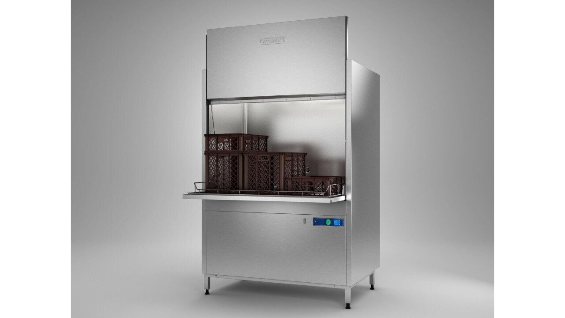 A large industrial stainless steel dishwasher with brown crates inside, set against a plain gray background. The control panel is visible on the right side near the bottom.