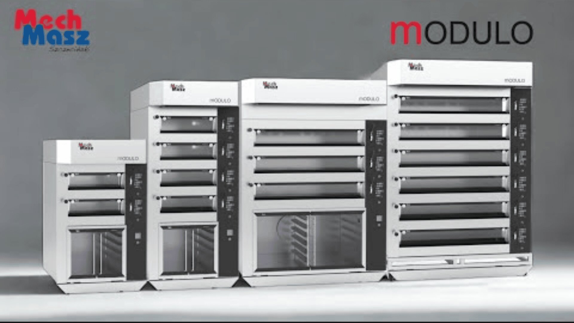 Four commercial baking ovens of varying sizes are displayed side by side. Each oven is silver with glass doors and multiple compartments. The Mech Masz and MODULO logos are visible in the top corners.