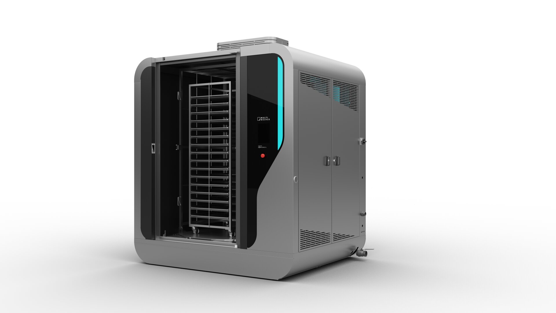 A large, modern stainless steel sterilization or disinfection chamber with an open front door, revealing metal racks inside. The unit has a sleek black panel with a display and indicator light on its exterior.