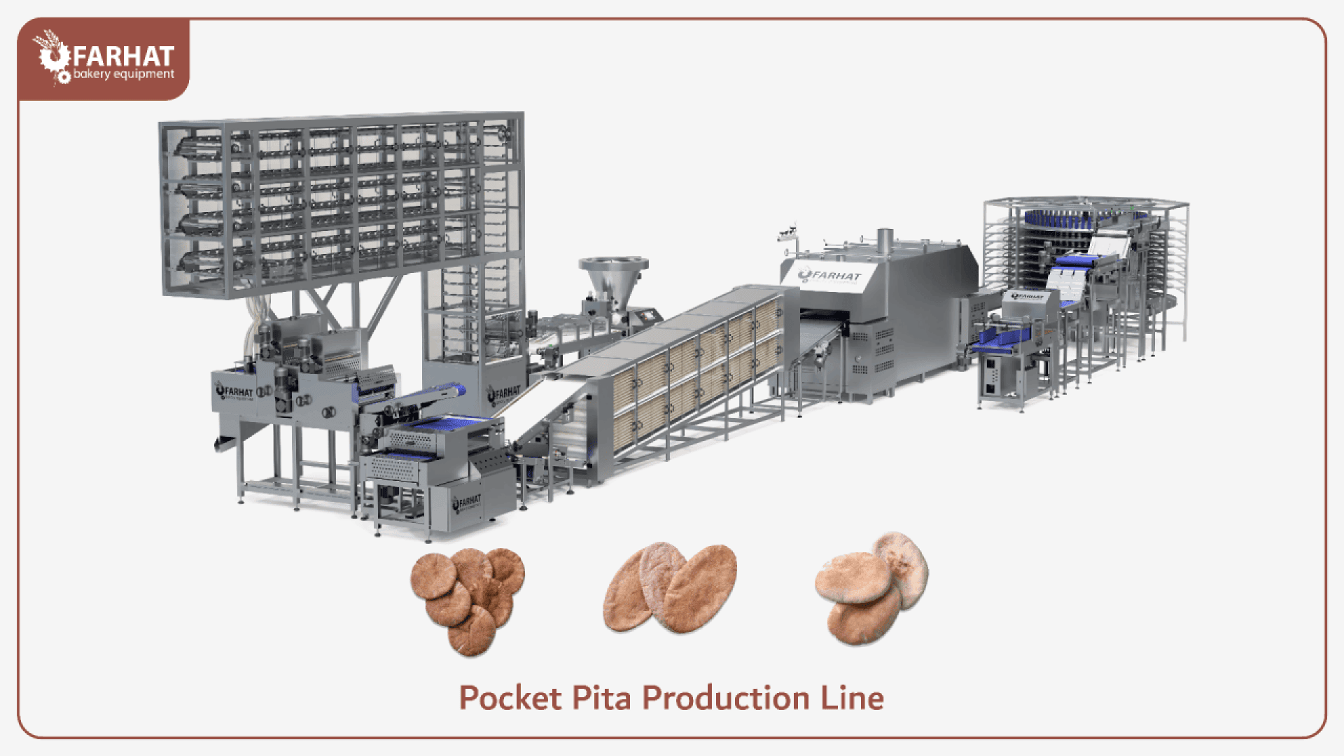 Eine große industrielle Pita-Produktionslinie mit Maschinen zum Mischen, Formen, Backen und Kühlen von Pita-Brot. Unten sind drei Pitabrote zu sehen, oben links das Logo von Farhat Bakery Equipment.