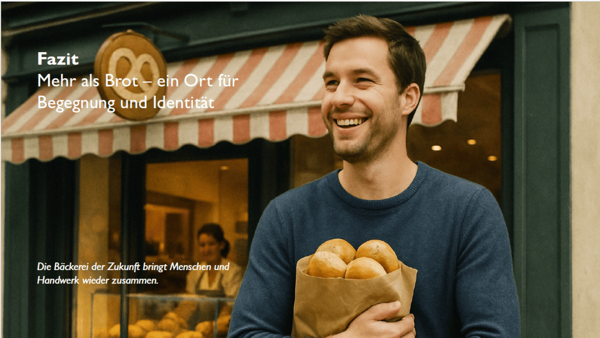 Ein lächelnder Mann im blauen Pullover hält eine Papiertüte voller Brötchen vor einer Bäckerei mit rot-weiß gestreiftem Vordach. Ein deutscher Text thematisiert Bäckereien als Orte der Identität und Gemeinschaft.