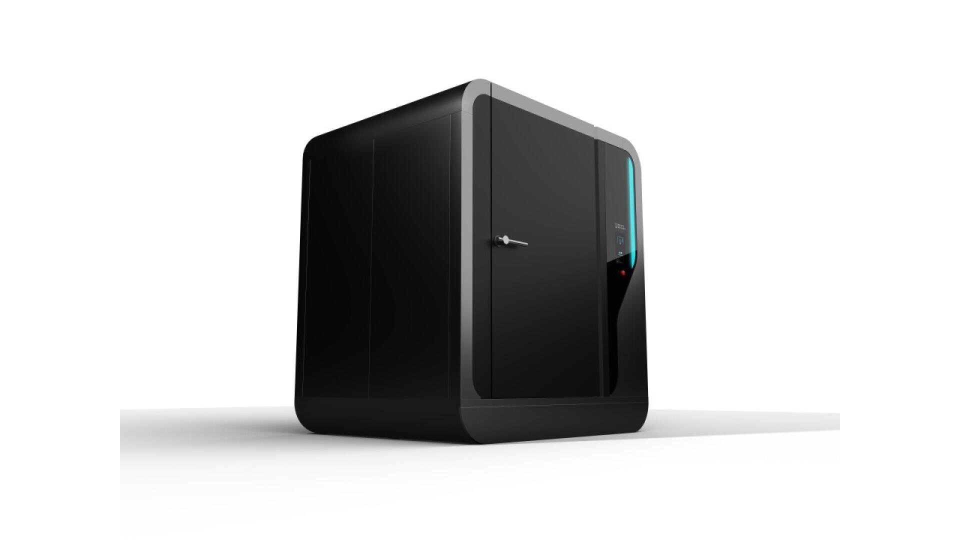 A sleek, black, rectangular soundproof booth with rounded edges, a single door, and a thin vertical LED strip near the entrance, standing on a white background.