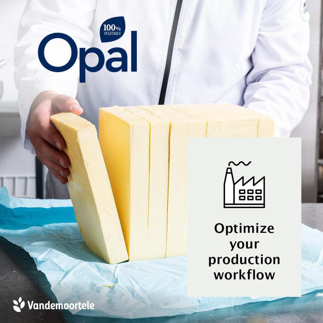 A person in a white coat slices large blocks of yellow butter or margarine on a blue sheet. A graphic shows a factory icon with the text Optimize your production workflow. Opal and Vandemoortele logos are visible.