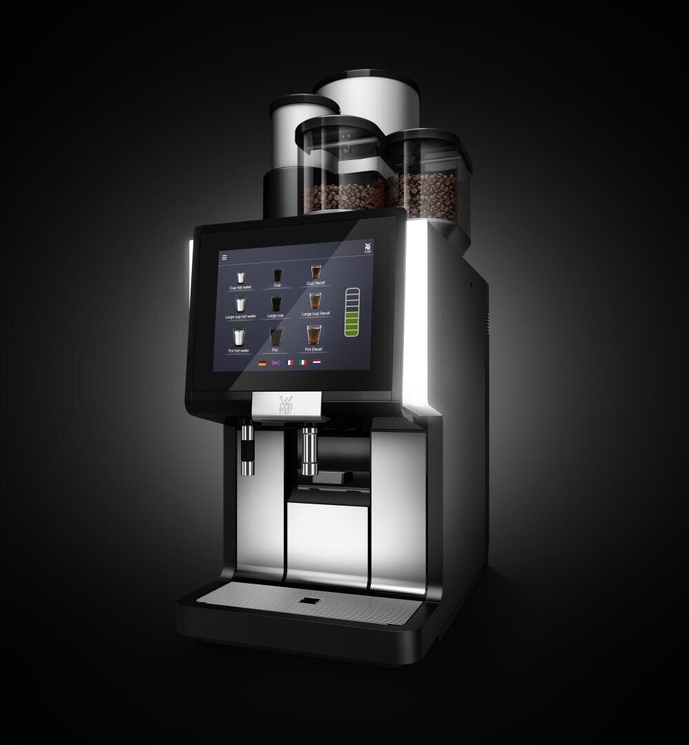 Ein eleganter, moderner Kaffeevollautomat mit einem digitalen Touchscreen-Display und mehreren Fächern für Kaffeebohnen vor einem schwarzen Hintergrund.