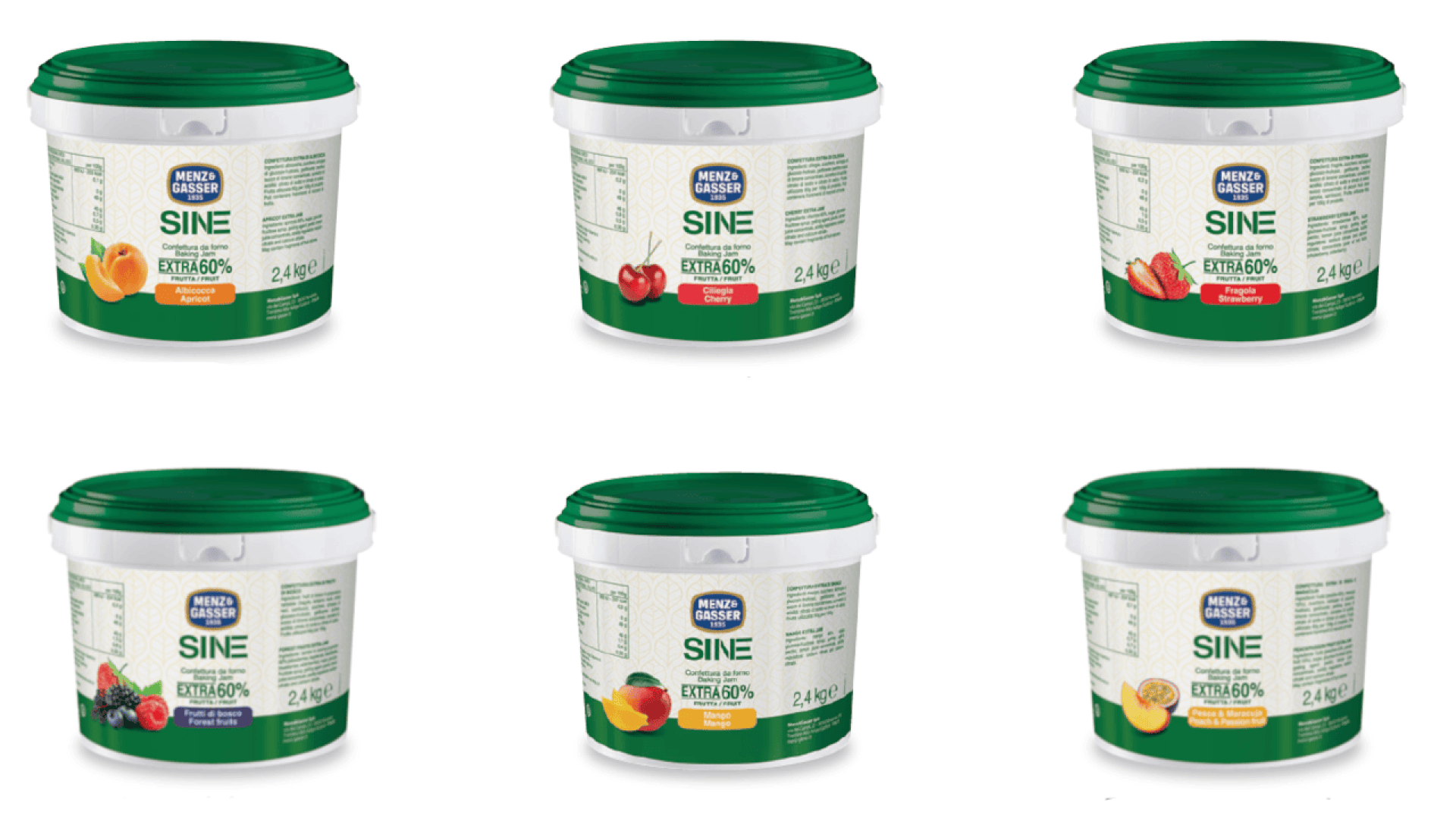Six white plastic tubs with green lids, each featuring different fruit images and colored labels indicating various flavors, arranged in two rows of three against a white background.