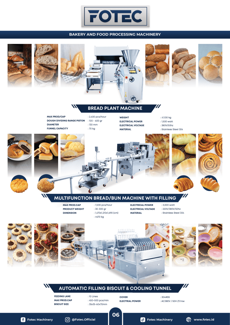 Werbeplakat für FOTEC Bäckereimaschinen, auf dem drei Maschinen für Brot, Brötchen und Kekse mit Bildern von Backwaren und Maschinenspezifikationen sowie Kontaktdaten des Unternehmens am oberen und unteren Rand vorgestellt werden.