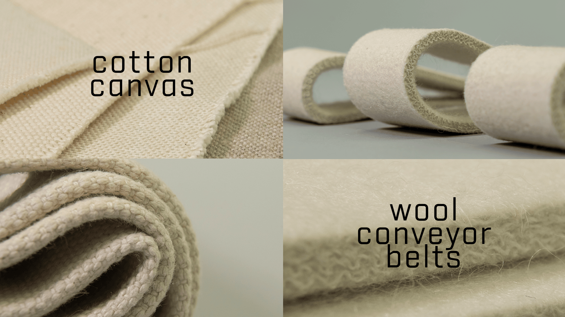 Ein geteiltes Bild zeigt Nahaufnahmen von Baumwoll-Canvas-Stoff auf der linken Seite und Woll-Förderbändern auf der rechten Seite, jeweils mit fettem schwarzen Text beschriftet, der den Materialtyp angibt.