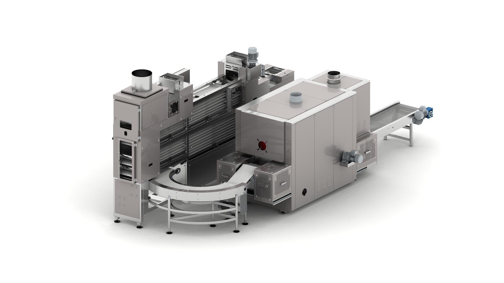 Industrial food processing machine with conveyor belts, a curved conveyor section, and various compartments and vents, all in stainless steel, isolated on a white background.