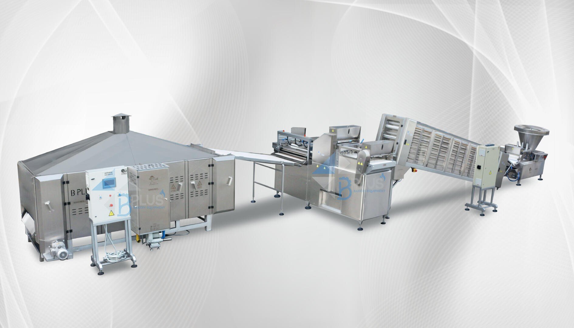 A large, industrial pasta production machine with multiple connected stainless steel components, including a mixer, conveyor, roller, and drying chamber, set against a light, abstract background.