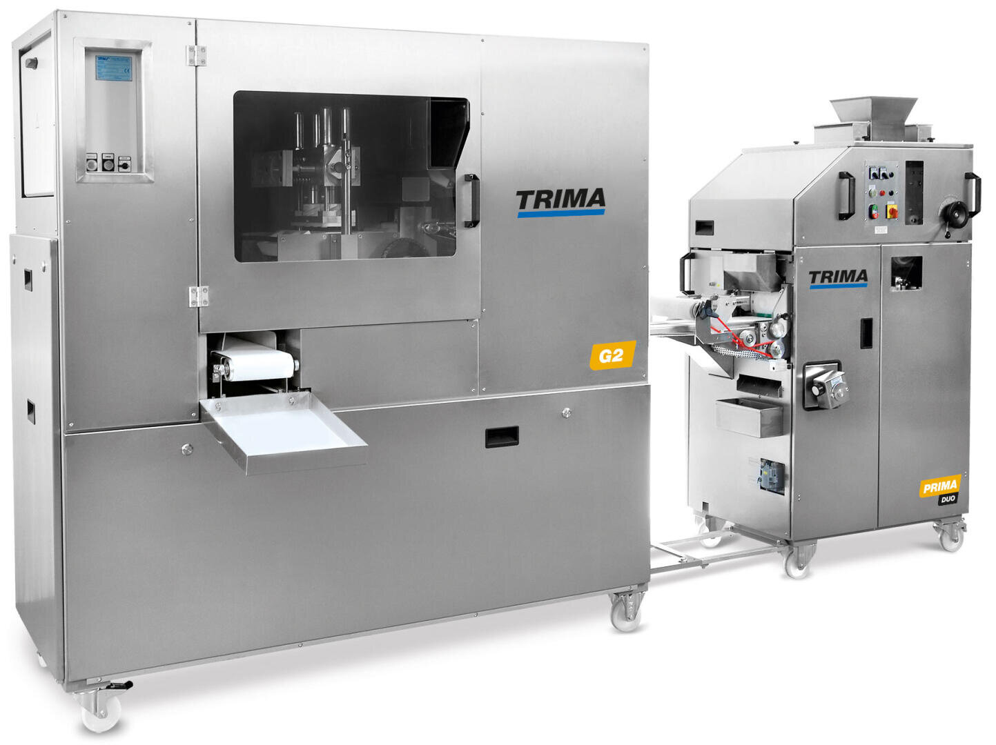 Two large stainless steel industrial bakery machines labeled TRIMA, connected by a conveyor, used for automated dough processing and forming in commercial baking environments.