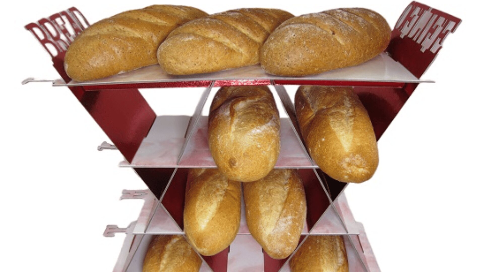 A red and white bakery rack displaying several loaves of crusty bread, arranged on multiple shelves. The word BREAD is visible on the left side of the rack.