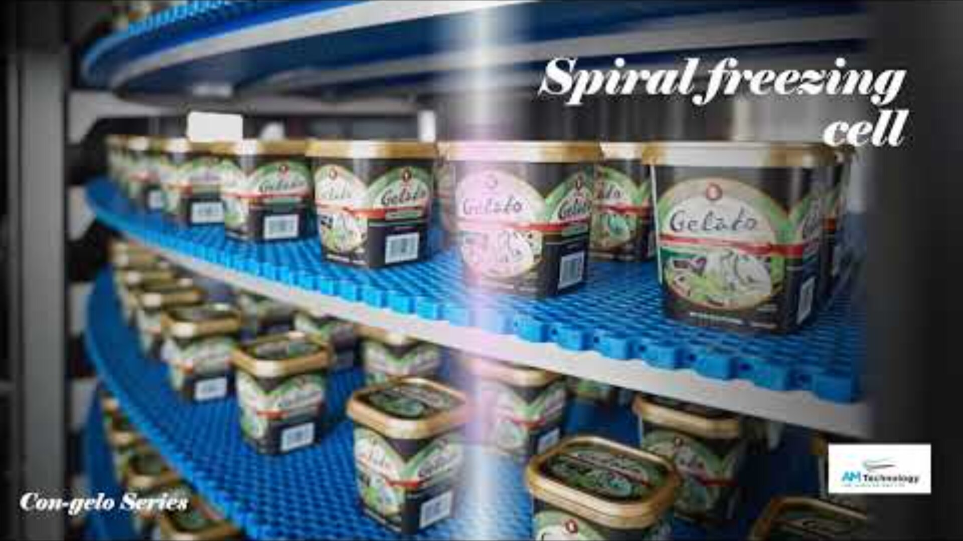 Tubs of gelato are arranged on blue spiral conveyor belts in a spiral freezing cell. White text reads “Spiral freezing cell” and “Con-gelo Series.” A small logo at the bottom right shows “API Technology.”.