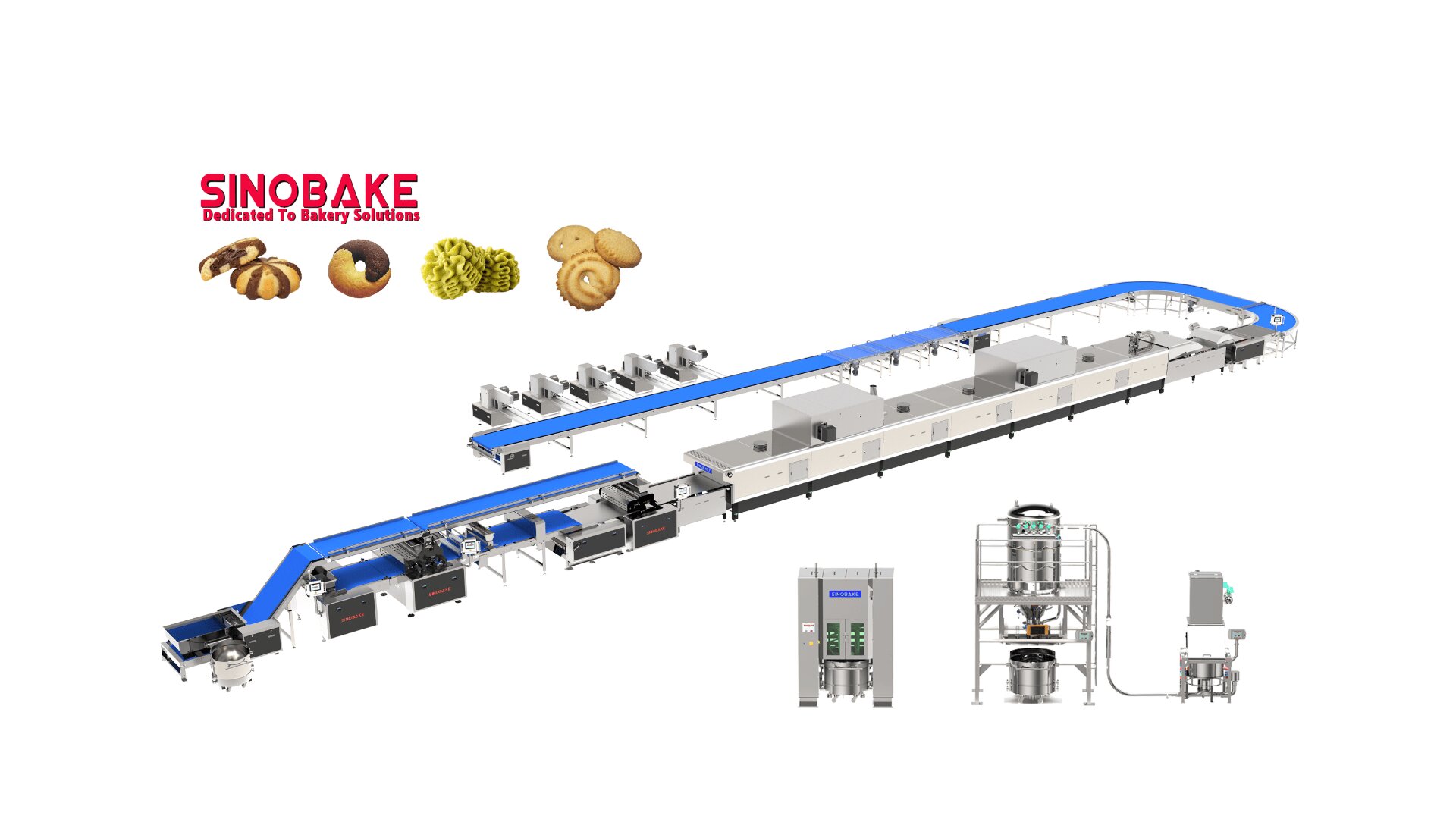 Eine große industrielle Keksproduktionslinie mit blauen Förderbändern und Edelstahlgeräten mit der Aufschrift "SINOBake Dedicated to Bakery Solutions" und Bildern von verschiedenen Keksen über dem Logo.