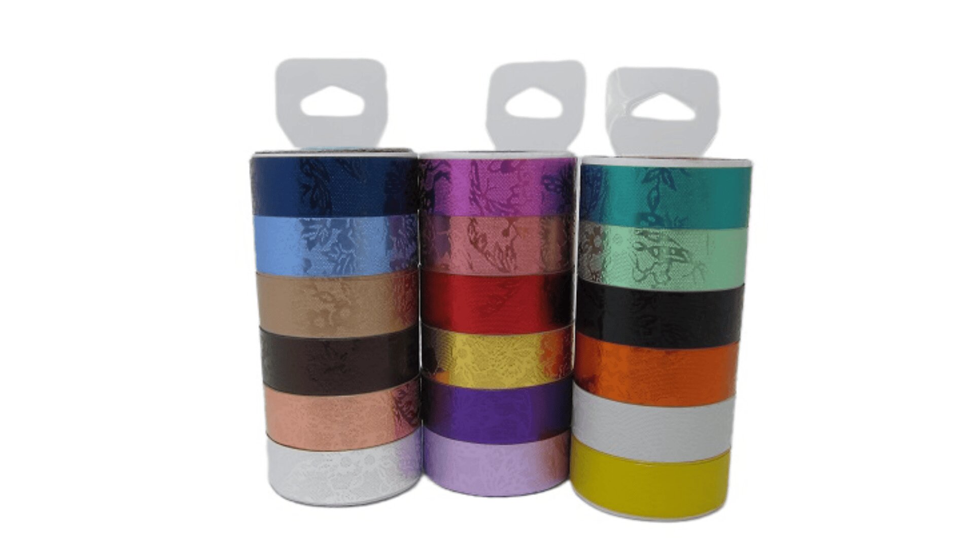 Three stacks of decorative ribbon rolls in various colors and metallic finishes, each topped with a white plastic hanger tab, set against a white background.