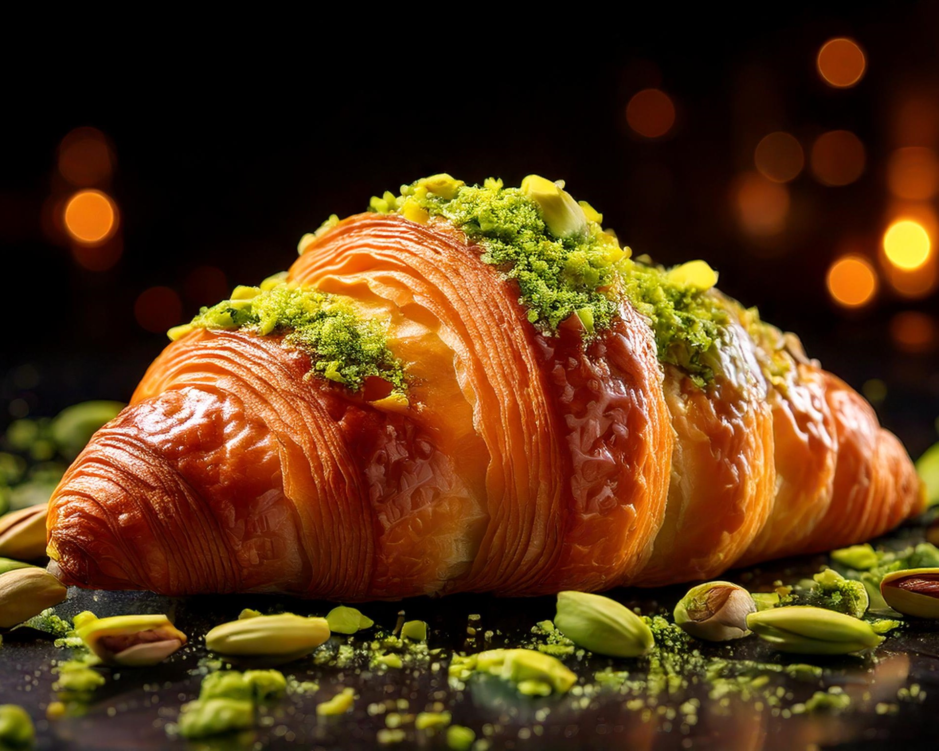 A golden, flaky croissant topped with crushed pistachios sits on a dark surface, surrounded by pistachio pieces, with warm, blurred lights glowing in the background.
